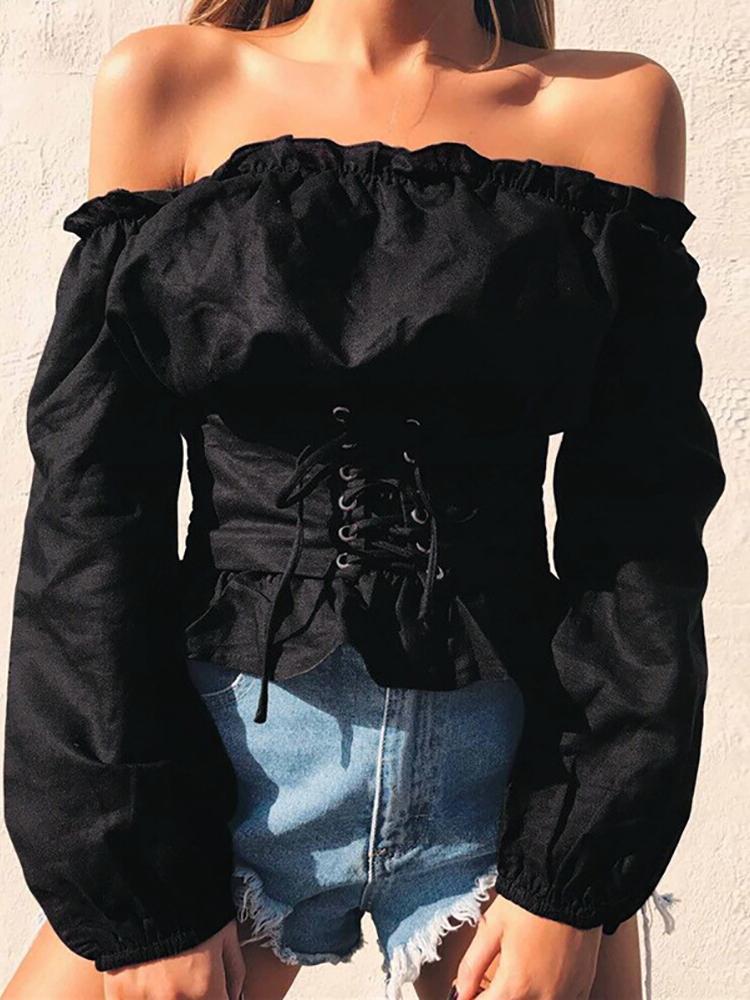 

Frilled Off Shoulder Corseted Blouse - Black