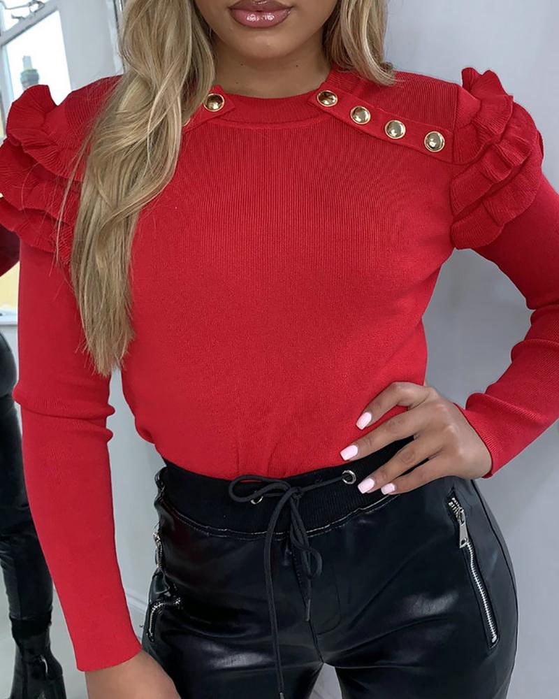 

Ruffles Buttoned Long Sleeve Blouse, Red