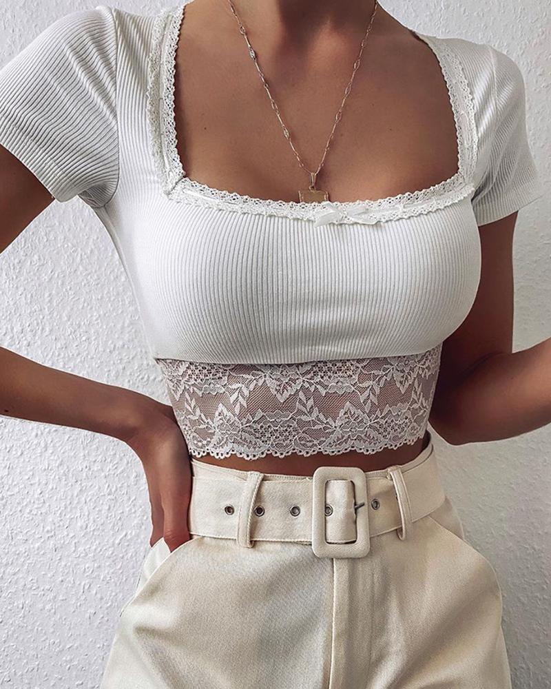 

Short Sleeve Lace Trim Casual Top, White