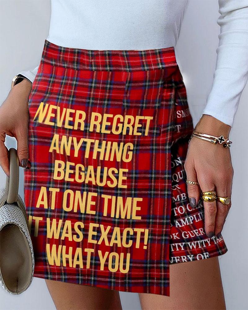 

Letter Print High Waist Plaid Skirt, Red