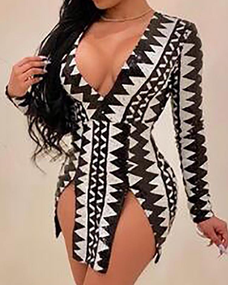 

Geo Print Deep V-Neck Slit Bodycon Dress, White