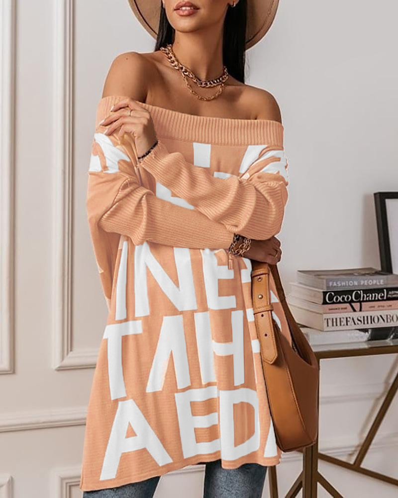 

Off Shoulder Long Sleeve Letter Print Sweatshirt, Khaki