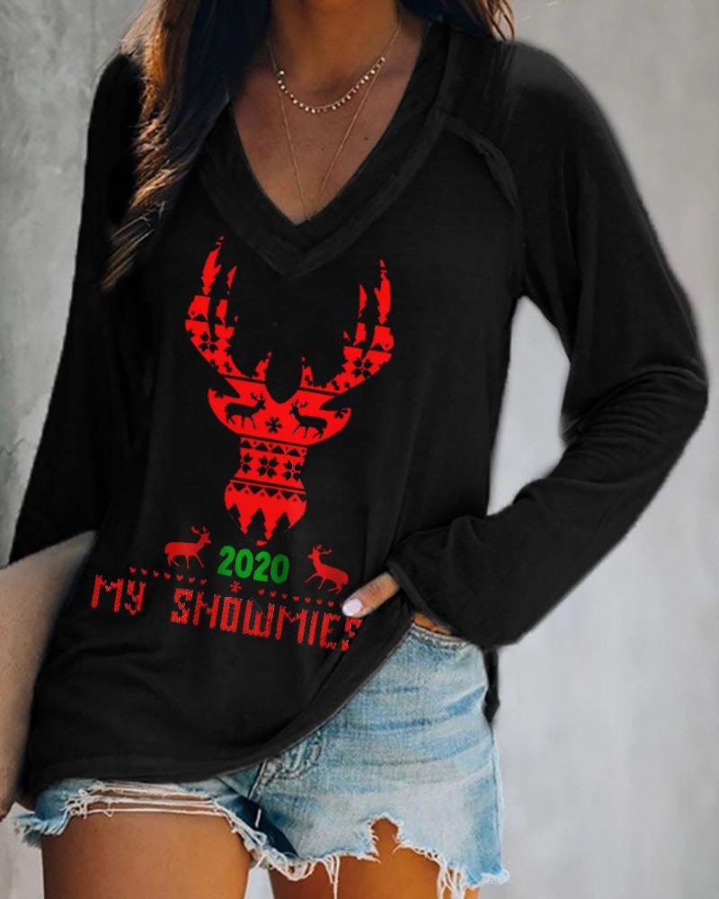 

Christmas Moose Letter Print Long Sleeve T-shirt, Black