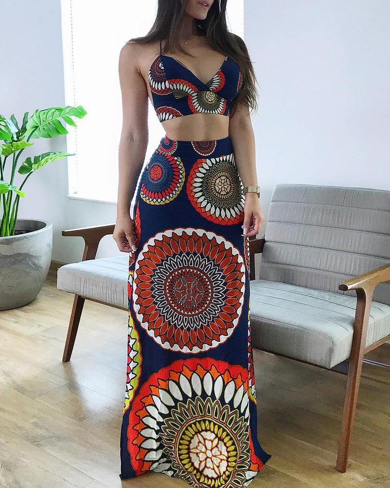 

Ethnic Print Crop Top & Maxi Skirt Sets, Purplish blue