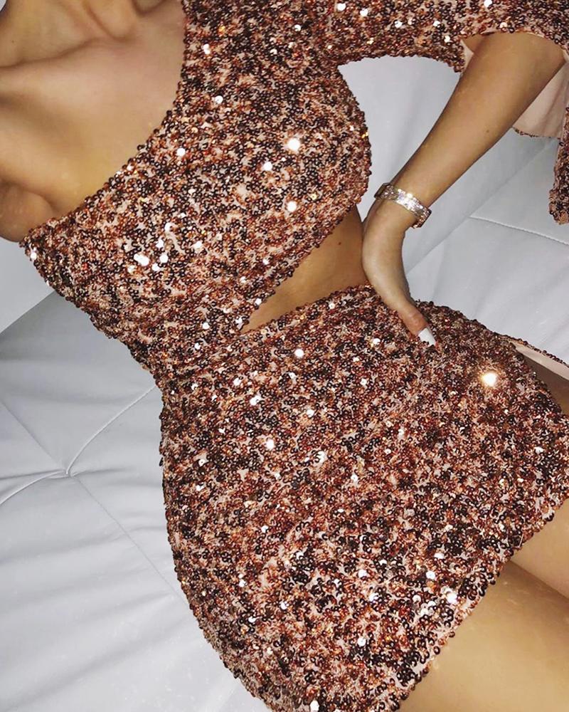 

One Shoulder Cutout Slit Sequins Bodycon Dress, Rose gold