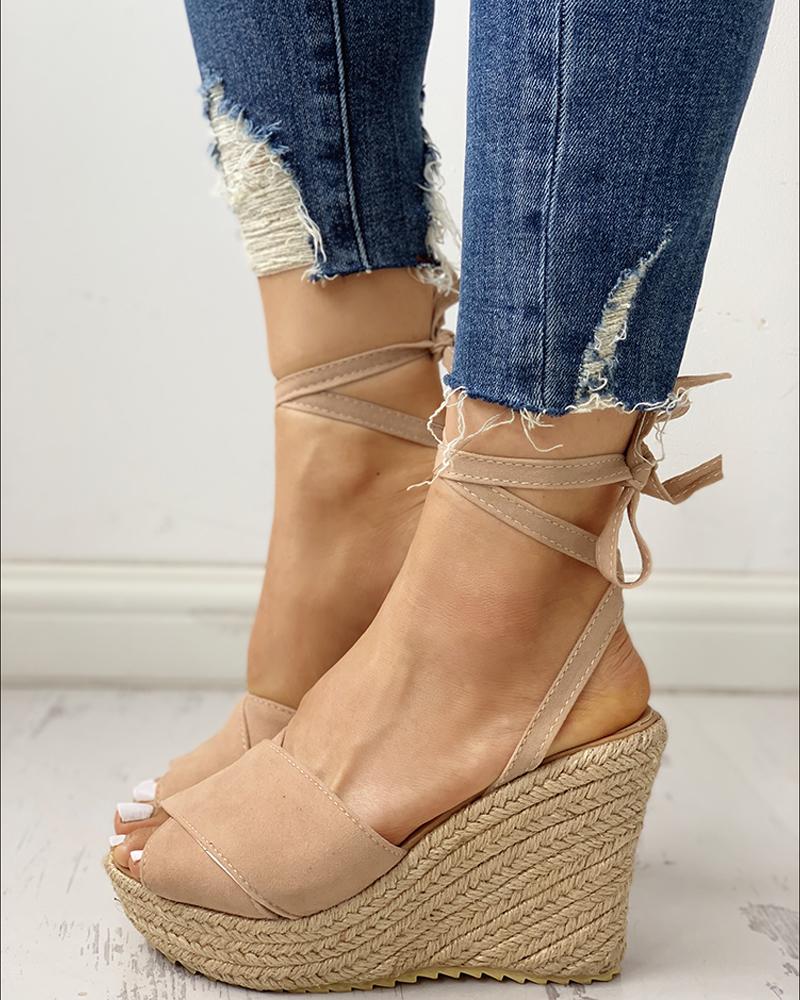 

Crisscross Ankle Tied Espadrille Platform Sandals, Apricot