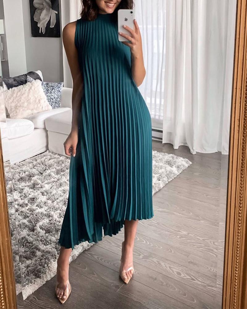 

High Neck Sleeveless Asymmetrical Pleated Dress, Dark green