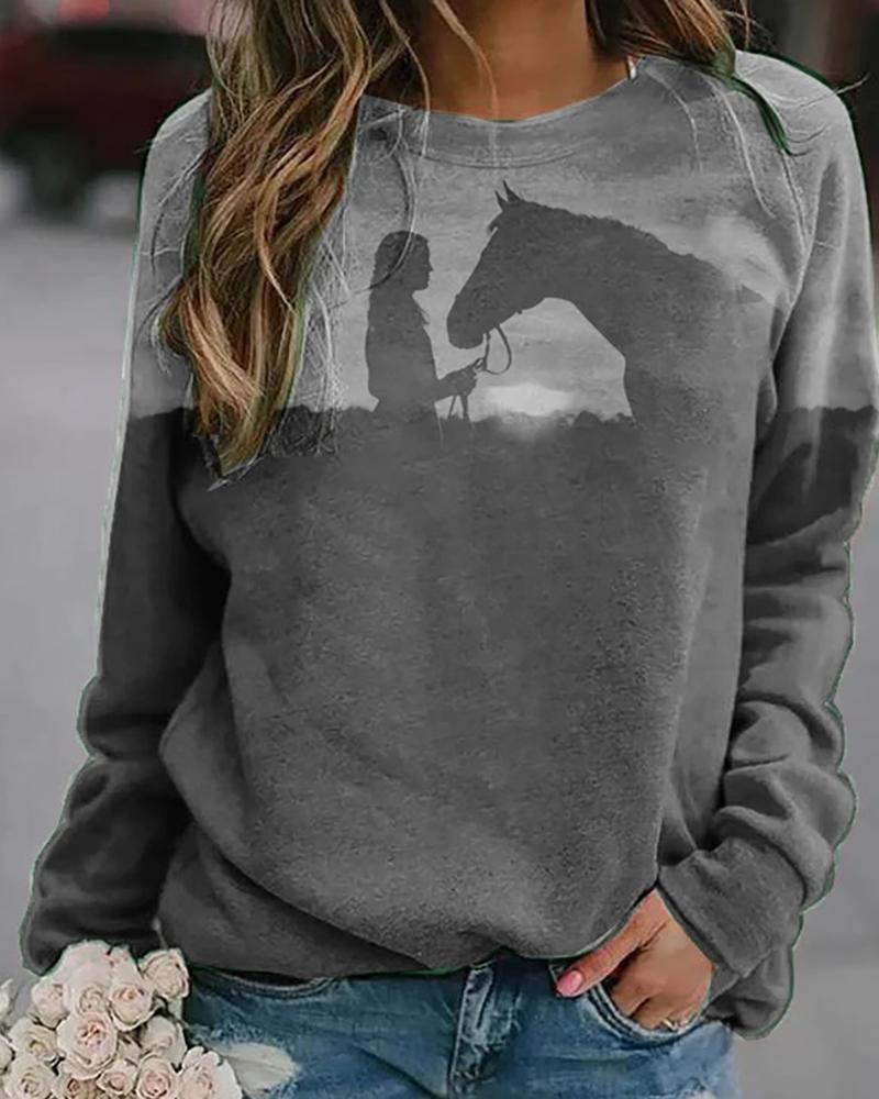 

Christmas Figure Horse Print Colorblock Top, Gray