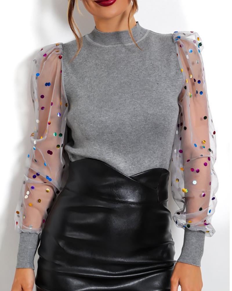 

Sequins Dot Puffed Sleeve Mesh Blouse, Gray