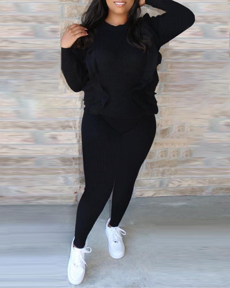

Ribbed Ruffles Sweater & Pant Sets, Black