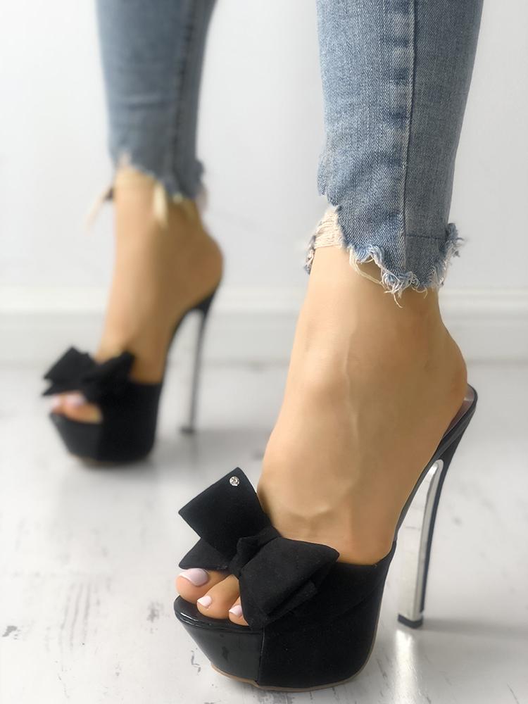 

Bowknot Embellished Single Strap Thin Heeled Sandals, Black