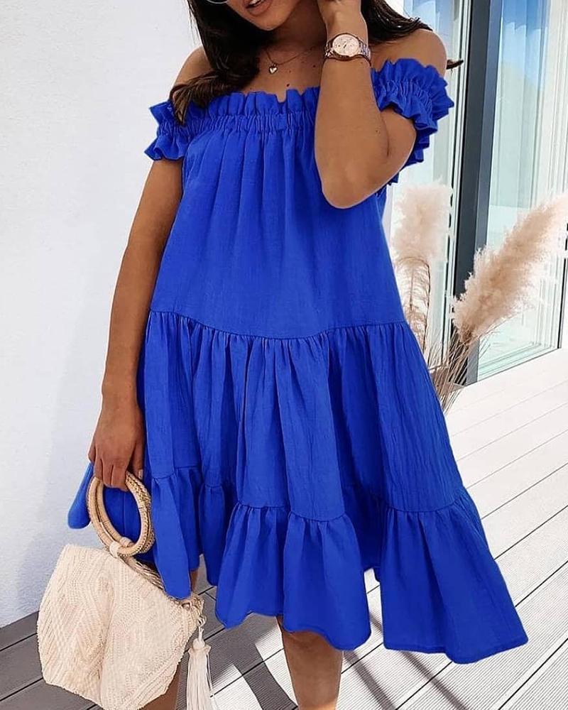 

Off Shoulder Frill Hem Ruched Casual Dress, Dark blue