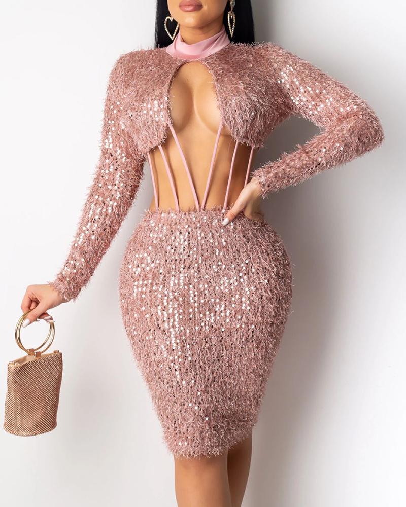

Mock Neck Sequins Fluffy Cut Out Long Sleeve Bodycon Dress, Pink