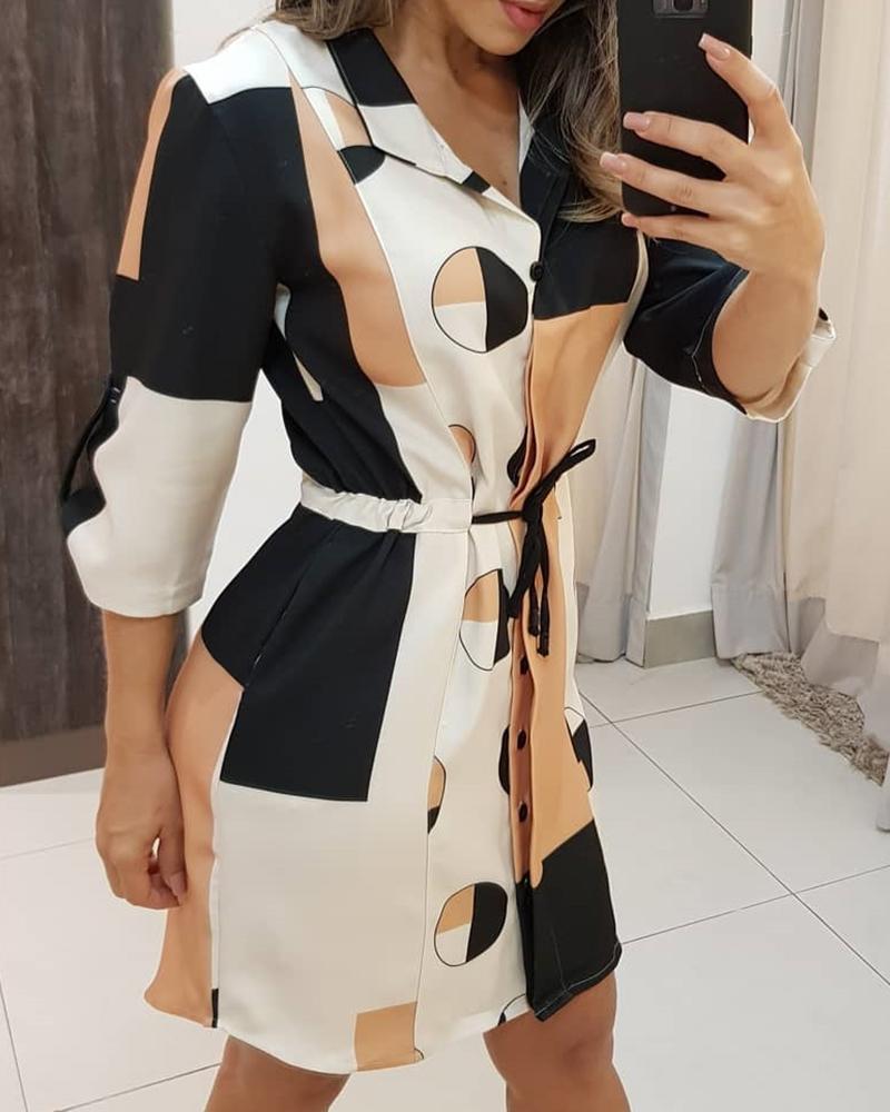 

Colorblock Long Sleeve Print Shirt Dress, White
