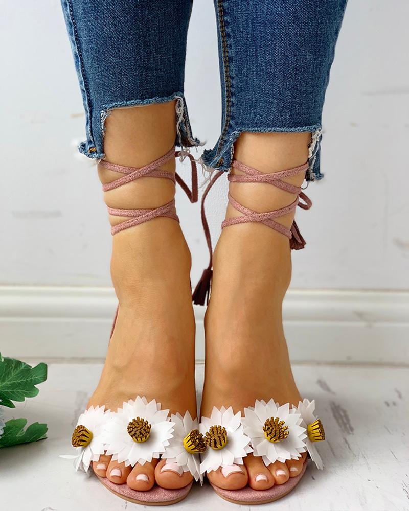 

Flower Lace-Up Chunky Heeled Sandals, Pink