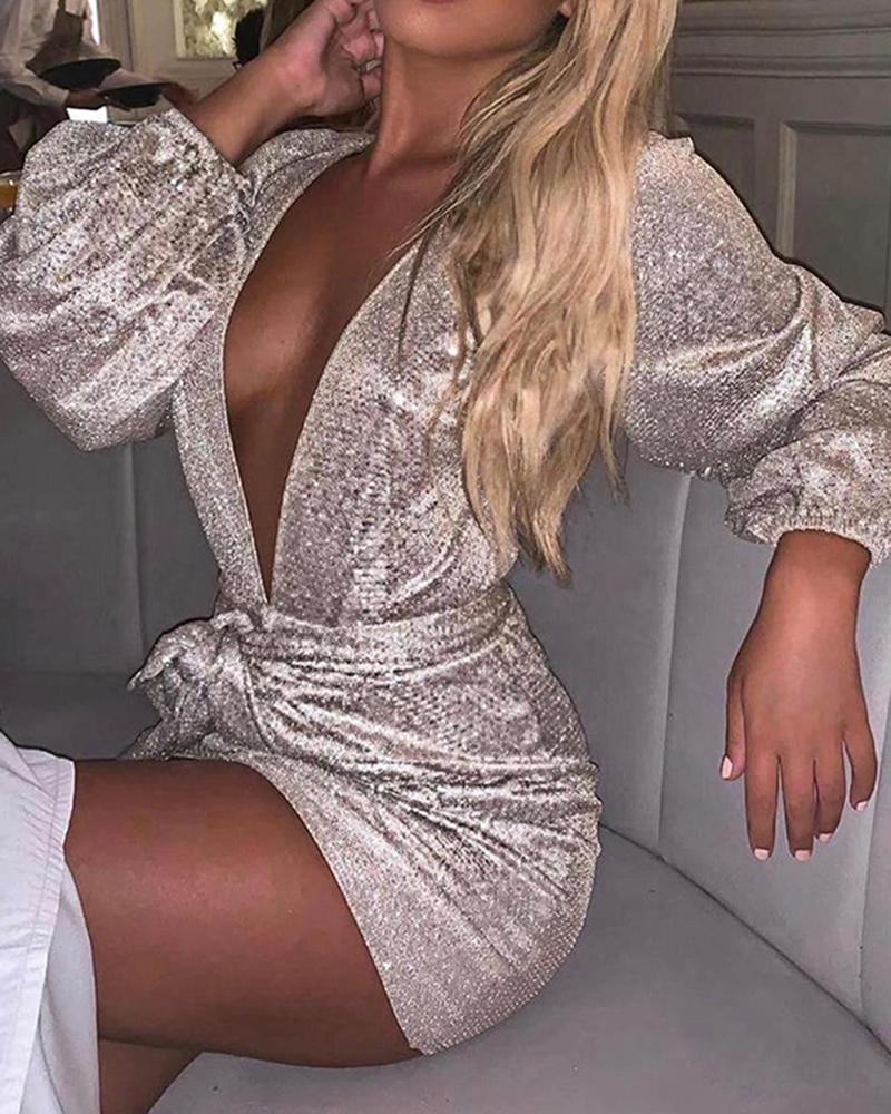 

Deep V Neck Tie Waist Sequin Party Dress, Khaki