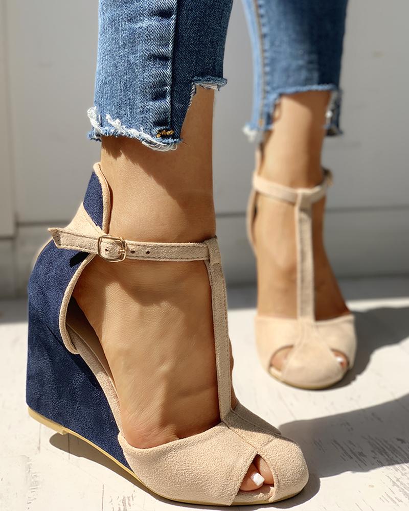 

Suede Colorblock Cutout Wedge Shoes, Blue