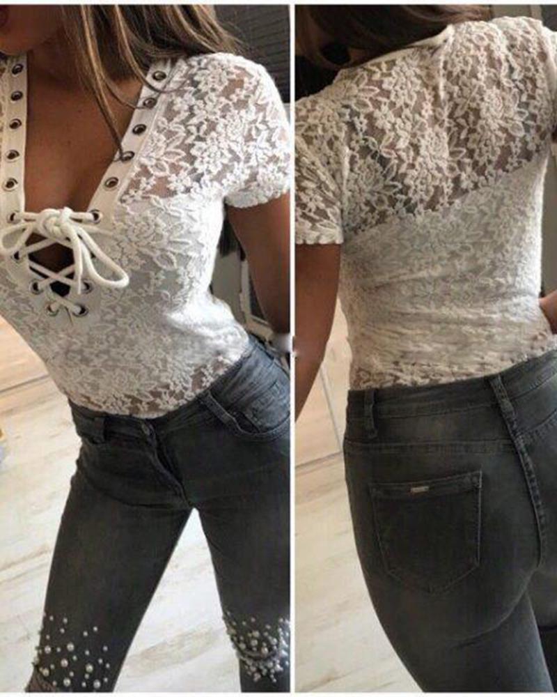 

Eyelet Lace Up Front V Neck Lace Top