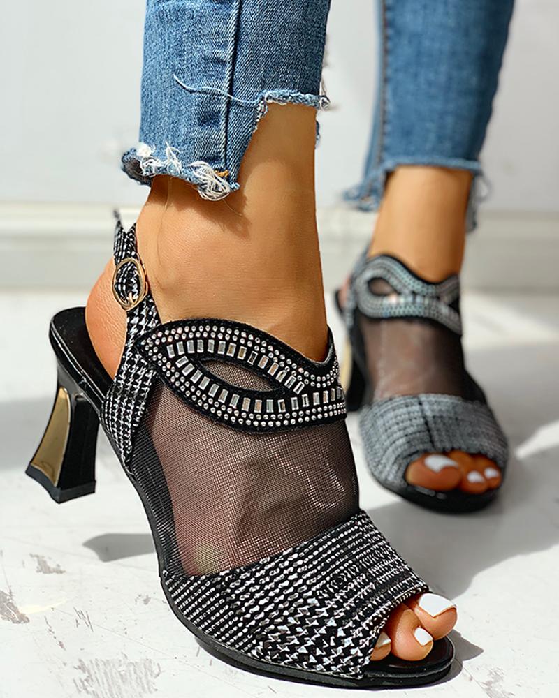 

Studded Mesh PU Splicing Peep Toe Chunky Sandals, Black