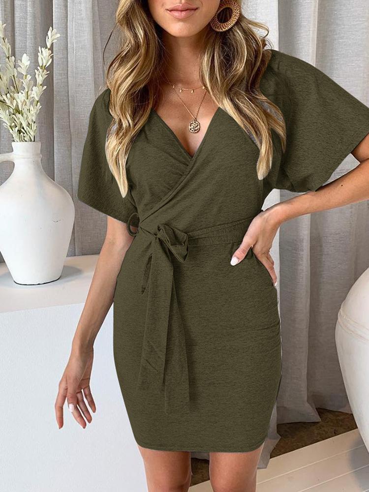 

Surplice Wrap Cutout Back Belted Dress, Green