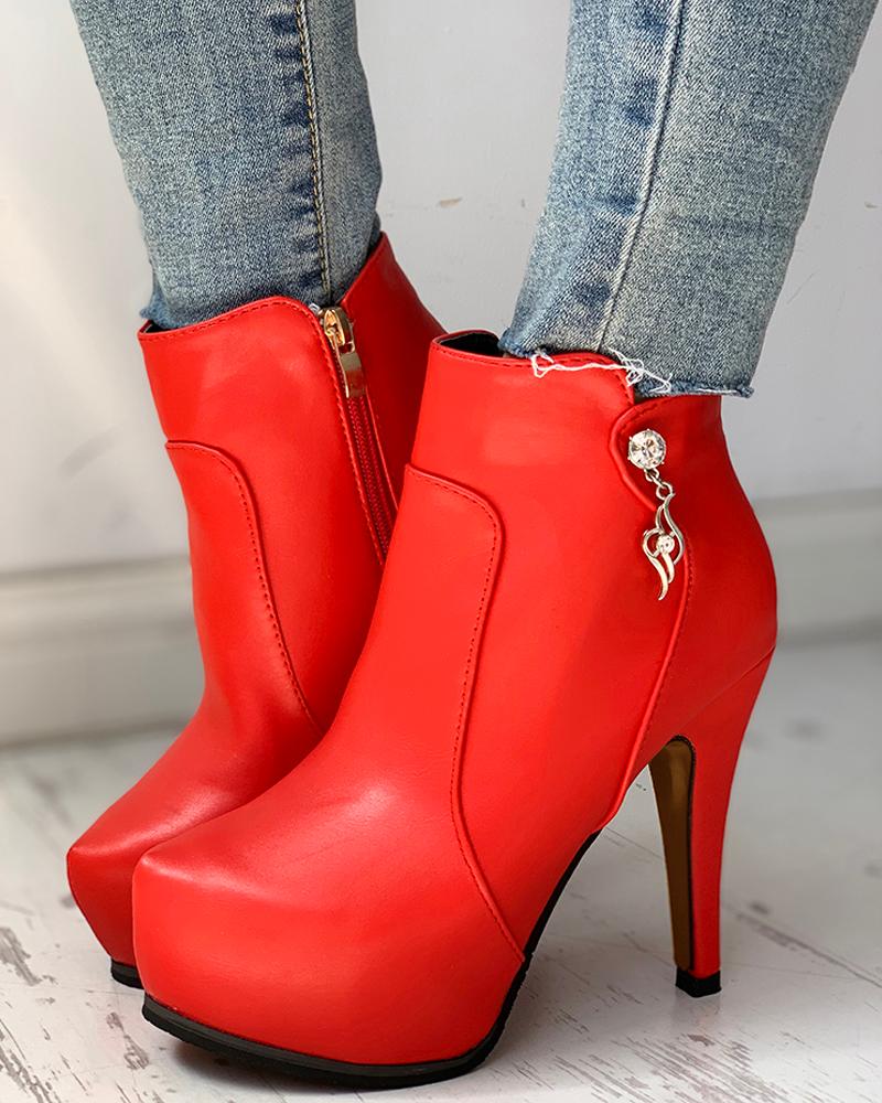 

Solid Pointed Toe Zipper Design Platform Thin Heels, Red