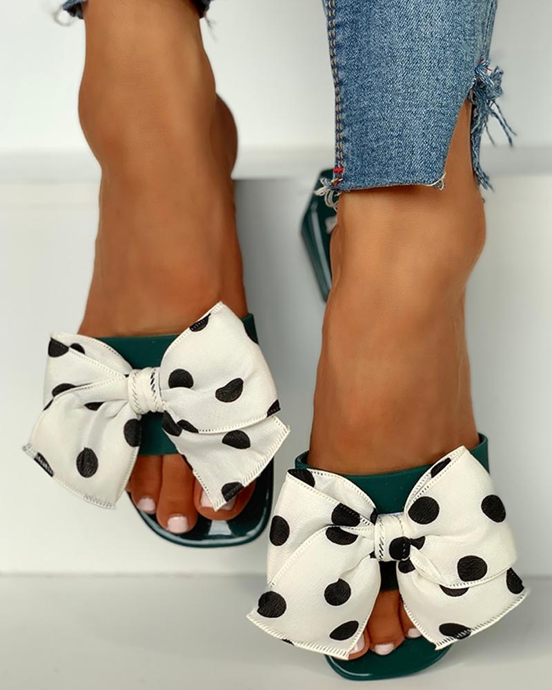 

Dot Bowknot Design Flat Slipper Sandals, Green
