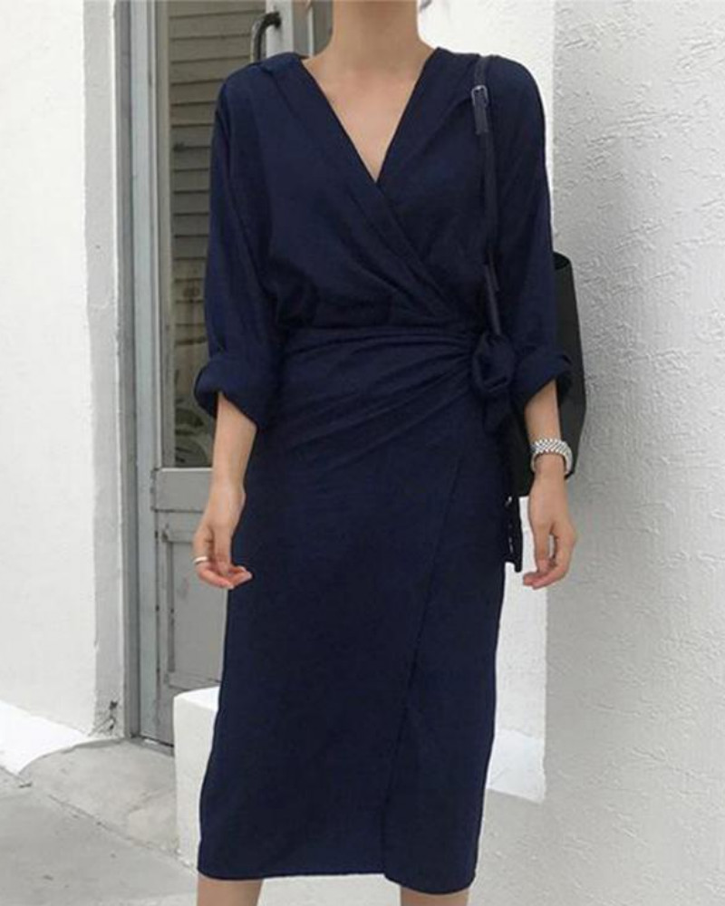 

Irregular V-neck Long-sleeved Shirt Midi Dress