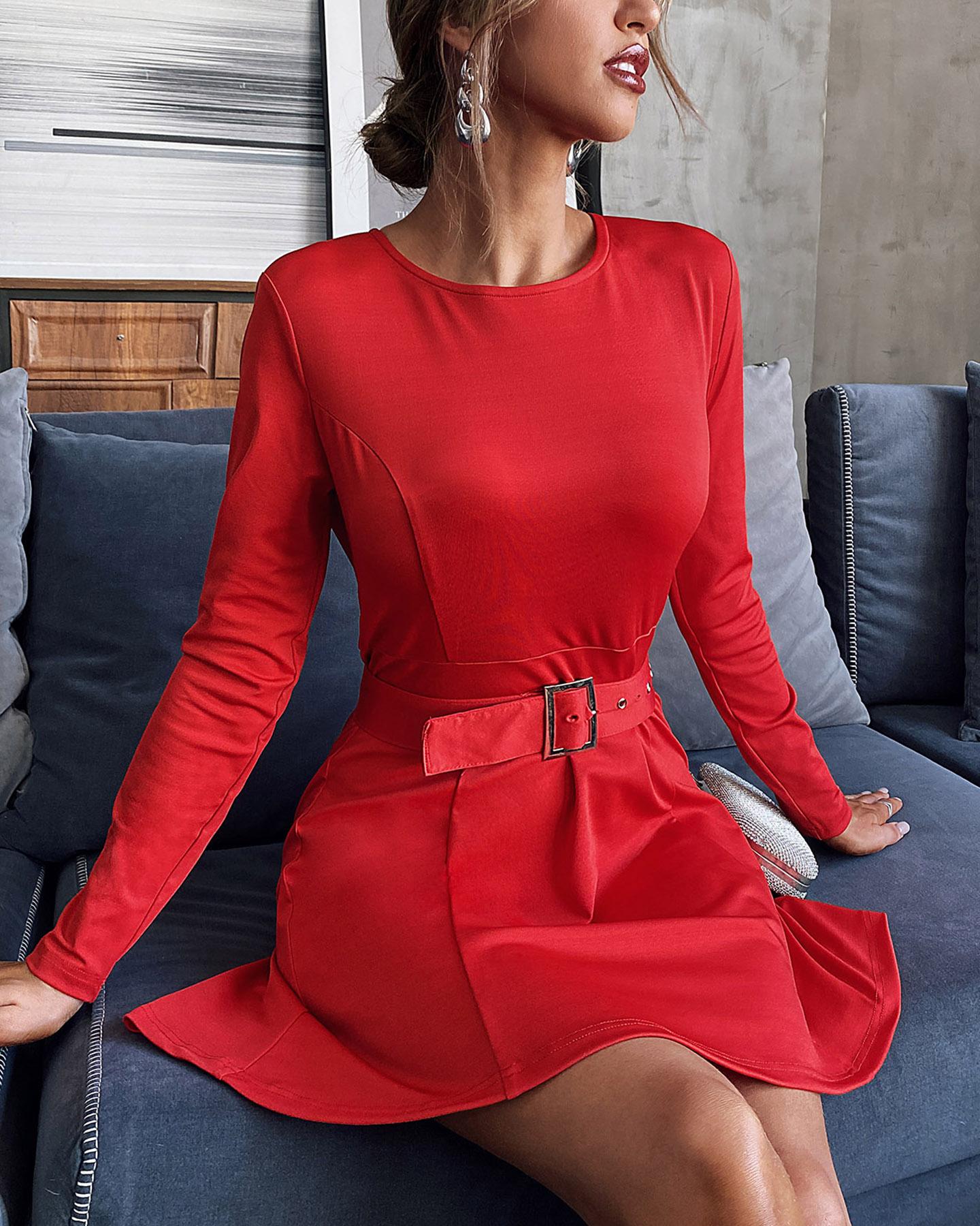 

Plain Button Design Long Sleeve Dress, Red