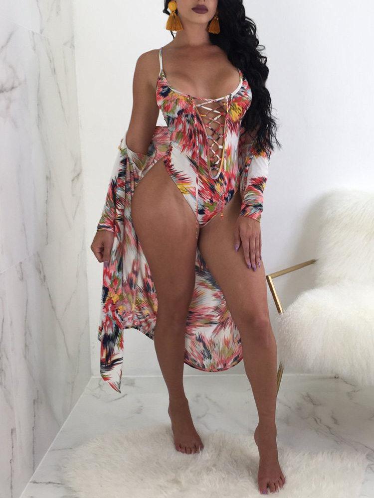 

2PCs Lace-up Print One-piece Swimwear Cover Ups, Pink