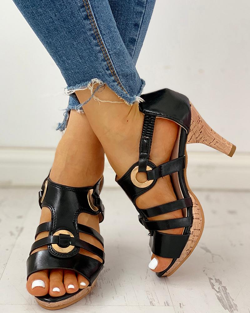

Eyelet Bandage Peep Toe Buckle Heeled Sandals, Black