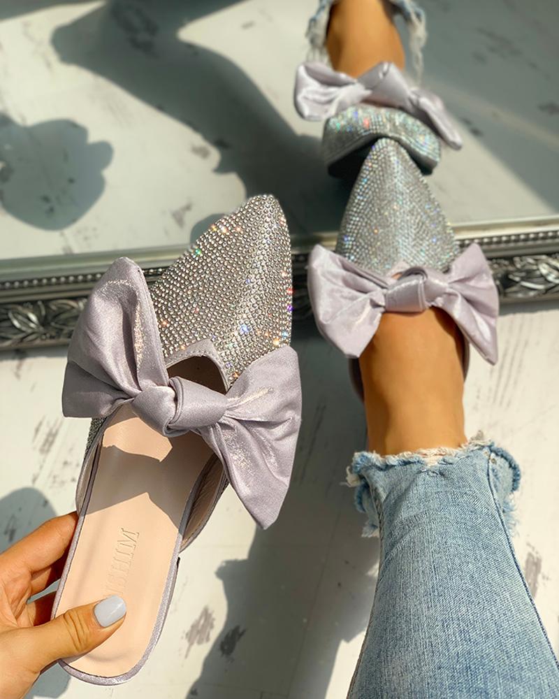 

Bowknot Studded Pointed Toe Flat Shoes, White