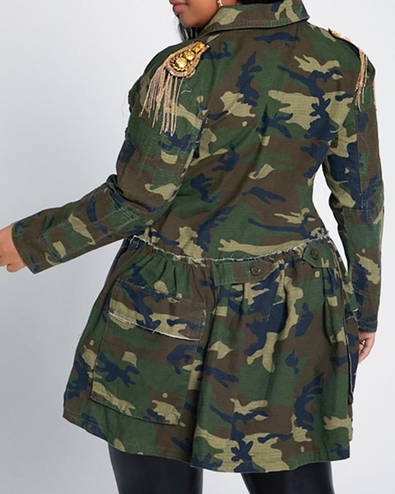 

Camouflage Pocket Design Dip Hem Coat, Army green
