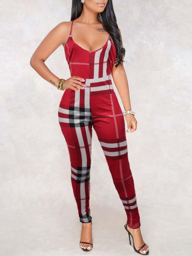 

Plaid Spaghetti Strap Petite Jumpsuit, Red