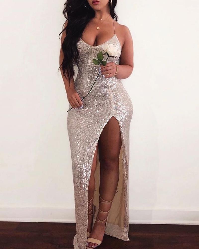 

Glitter Spaghetti Strap High Slit Sequins Dress, Champagne