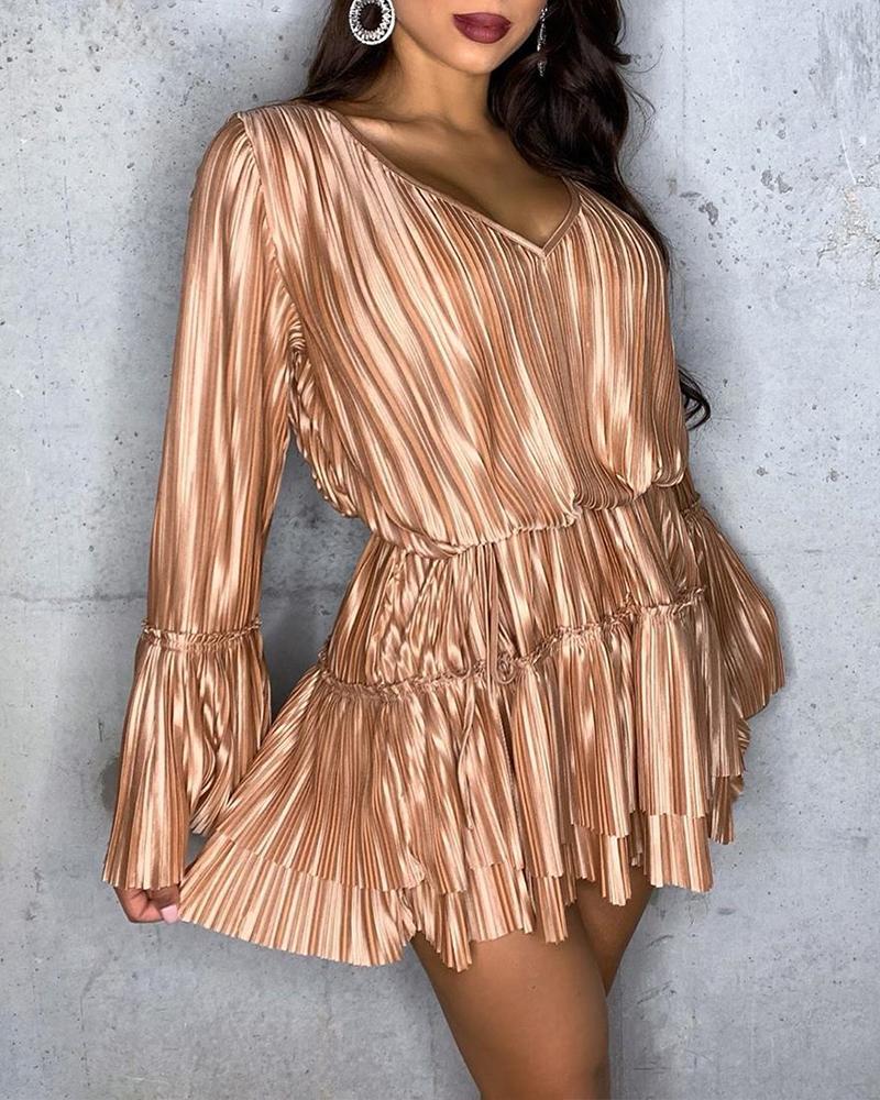 

V Neck Pleated Detail Dress, Champagne