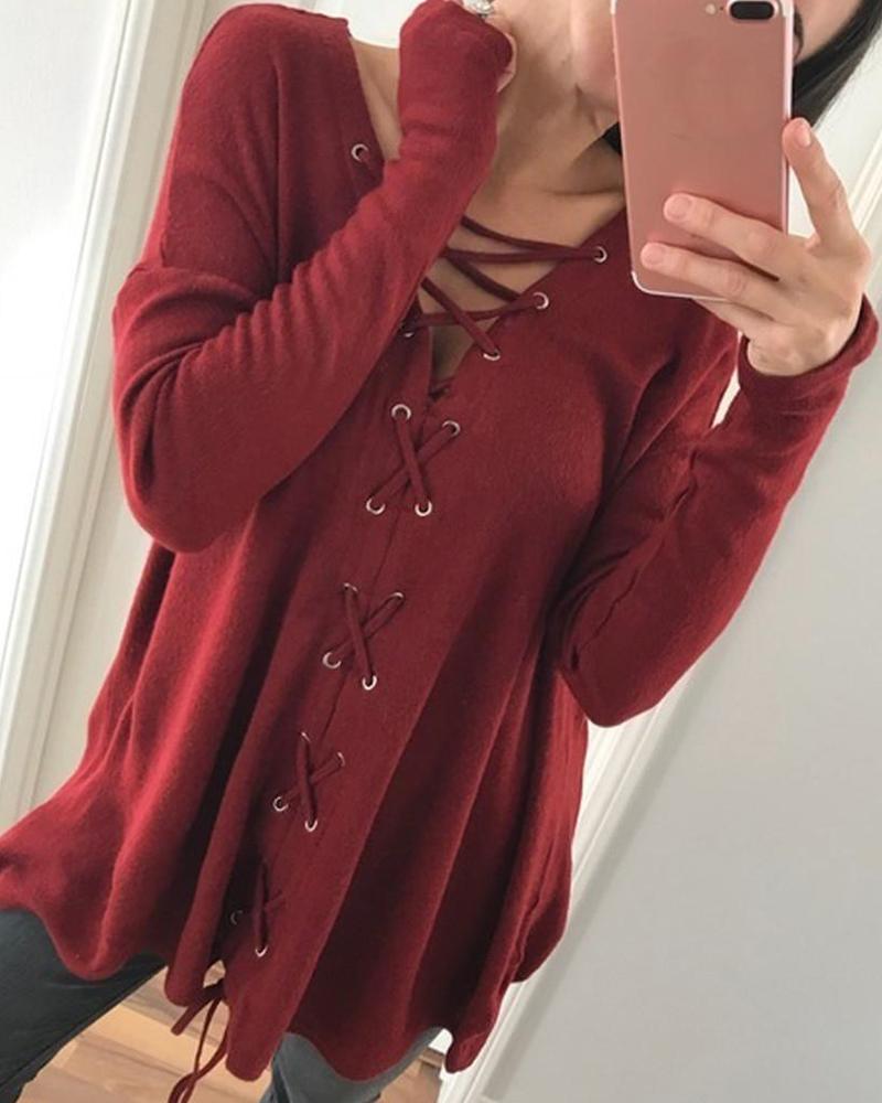 

Solid Lace-Up Detail Sweatshirt, Red