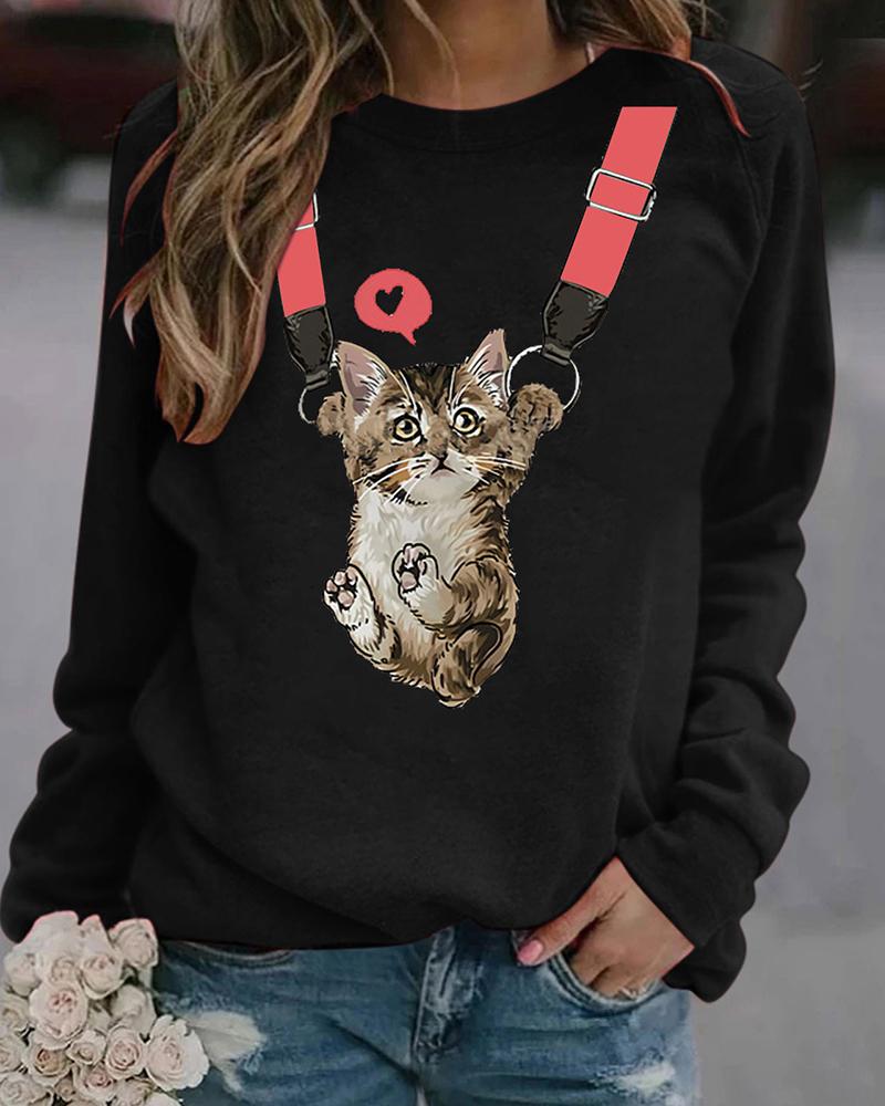 

Cat Print Long Sleeve Pullover Sweatshirt, Black