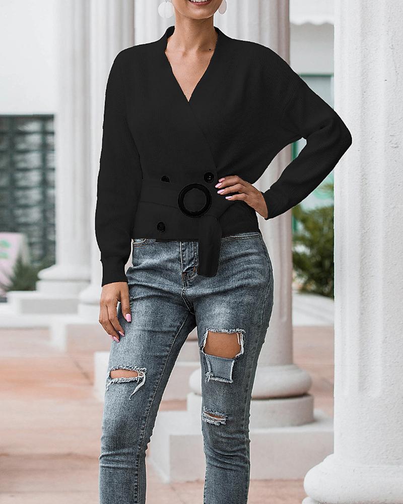 

Casual V-neck Double Breasted Sweater, Black