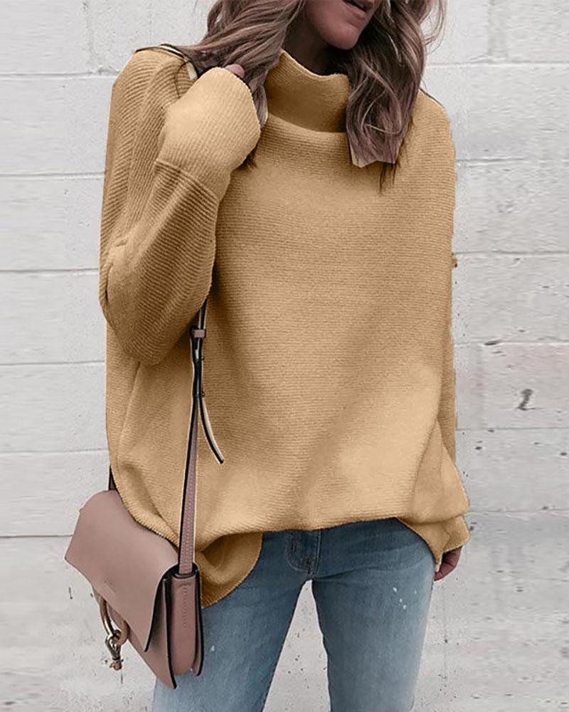 

Solid High Neck Long Sleeve Knitting Sweater, Khaki
