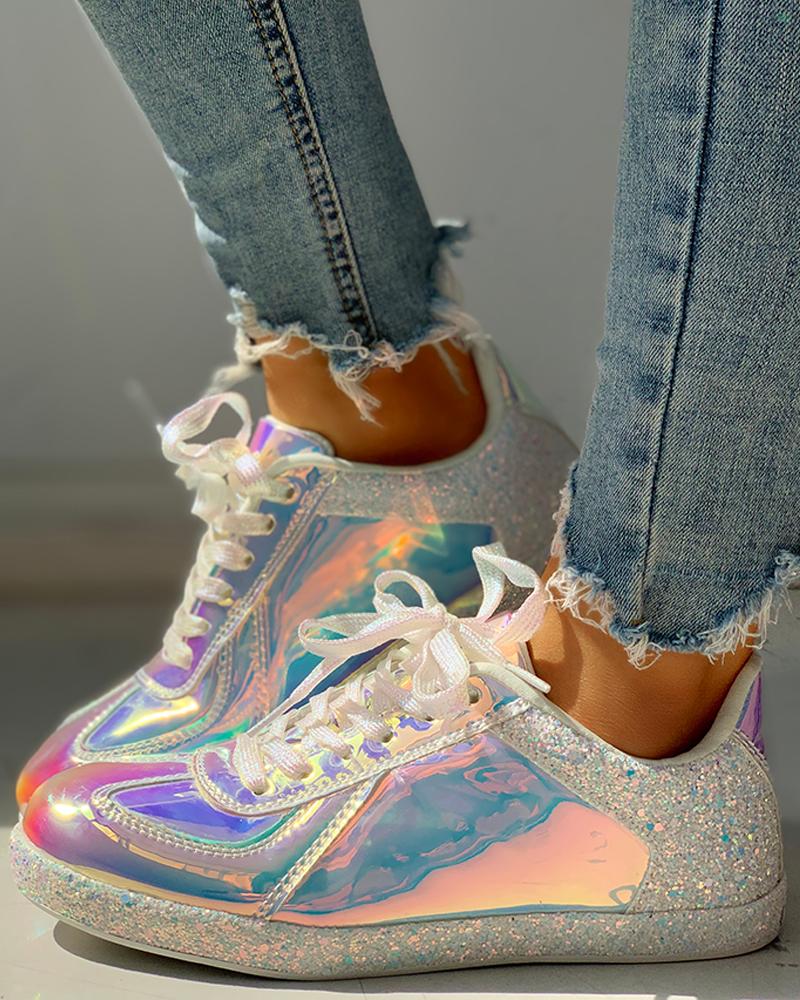

Glitter Colorblock Lace-up Sneakers, White