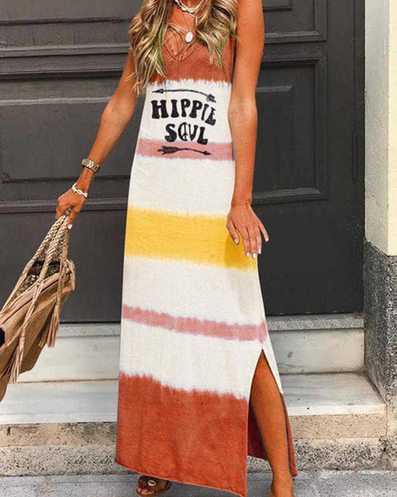 

V-neck Letter Print Tie Dye Striped Maxi Dress