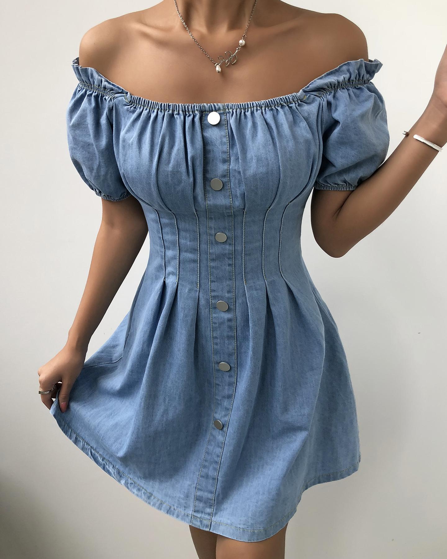 

Off Shoulder Frill Hem Buttoned Denim Dress, Blue