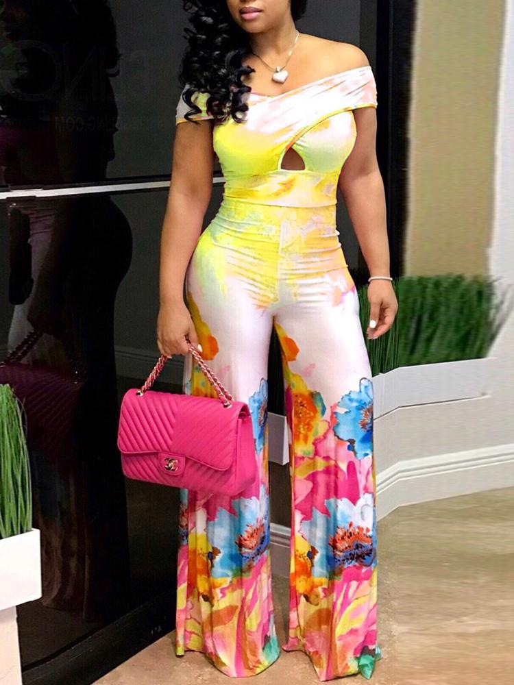 

Tie Dye Floral Pattern Cross Over Slinky Jumpsuit, Yellow