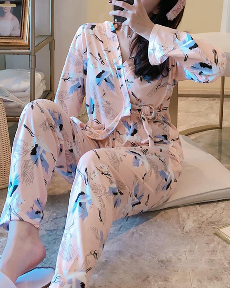 

V-neck Print Knotted Long Sleeve Pajamas Set, Pink