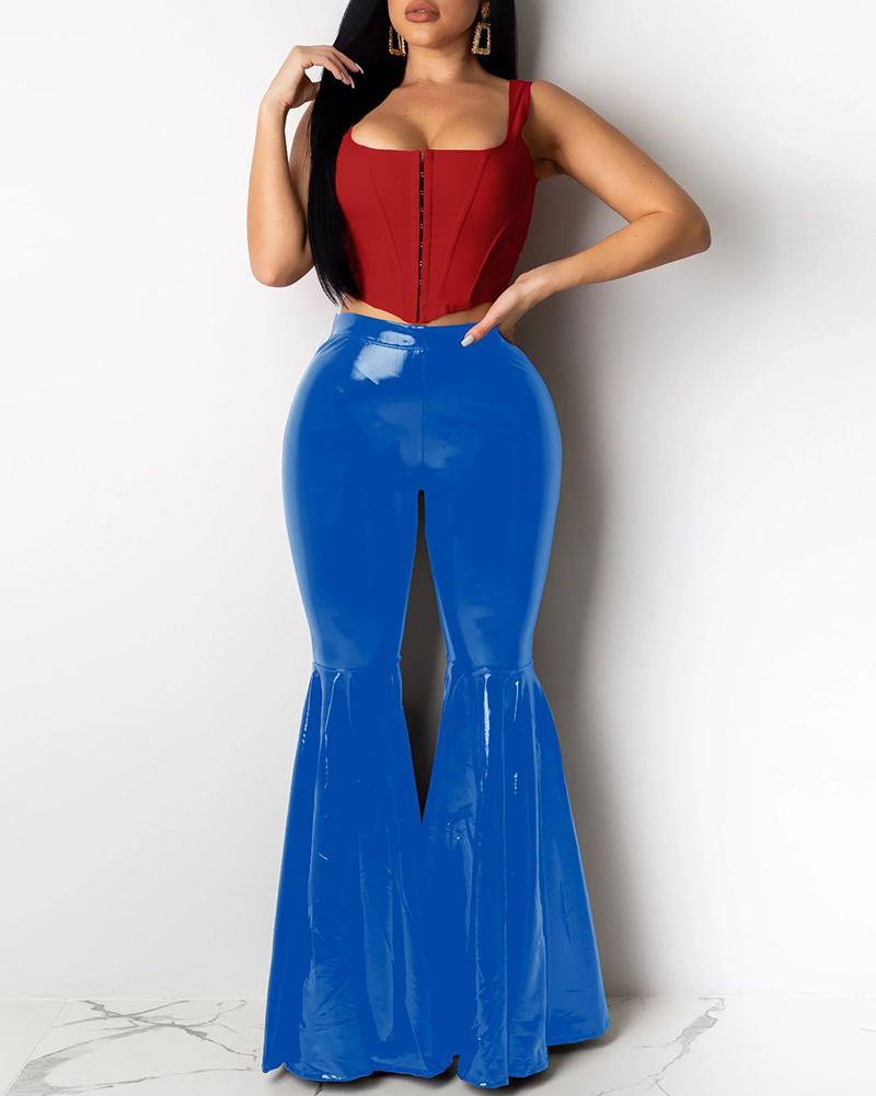 

Solid Faux Leather Bell-Bottom Pants, Blue
