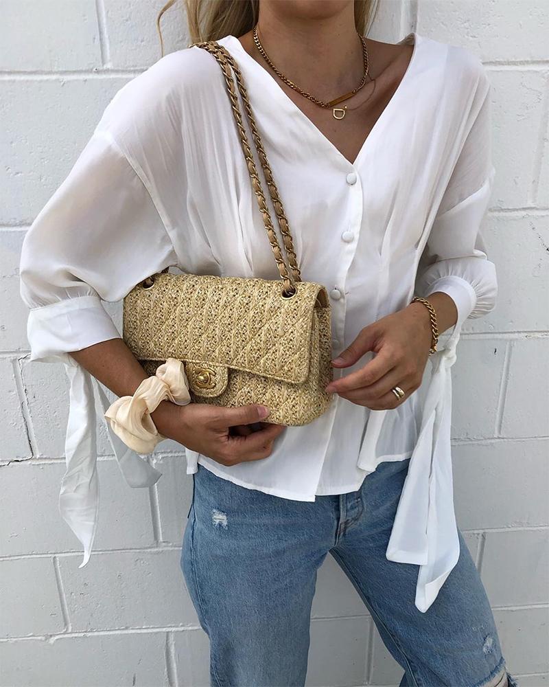 

V Neck Button Up Ruched Top, White