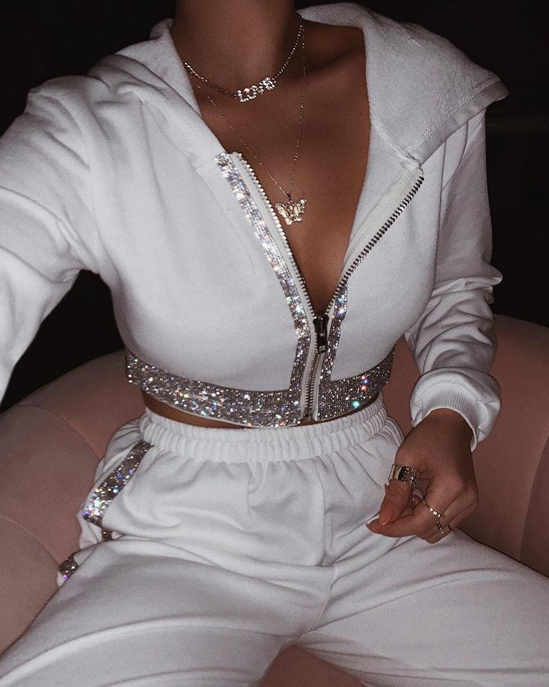 

Cropped Zip Front Sequined Tracksuit, White