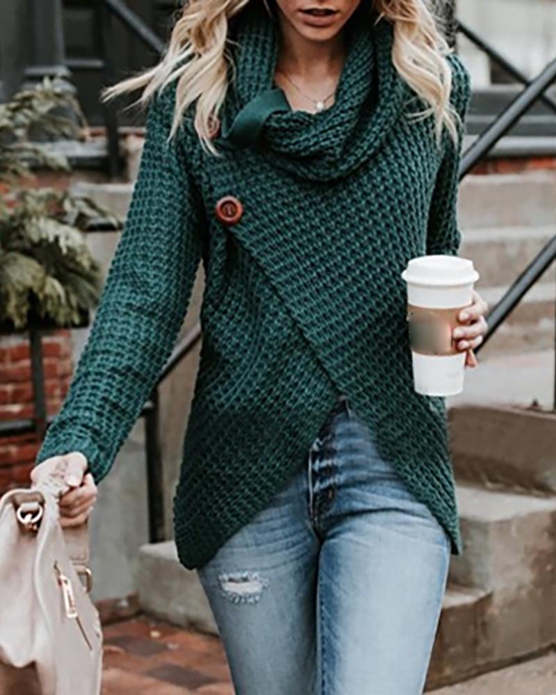 

Solid Long Sleeve Buttoned Casual Sweater, Green