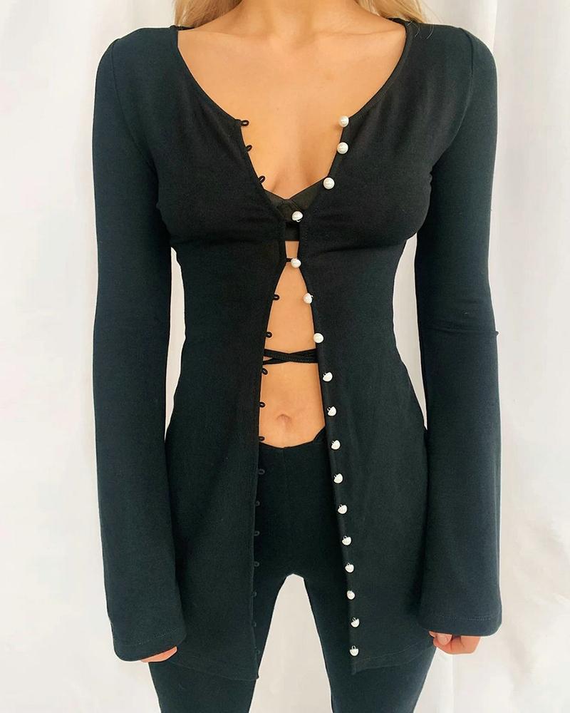 

Bell Sleeve Solid Beaded Casual Cardigan, Black