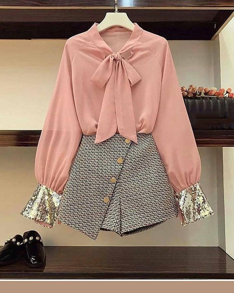 

Tie Neck Sequined Cuff Blouse, Pink